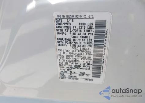 2015 Nissan Rogue Select S z USA, uszkodzony, nr VIN JN8AS5MT4FW674341